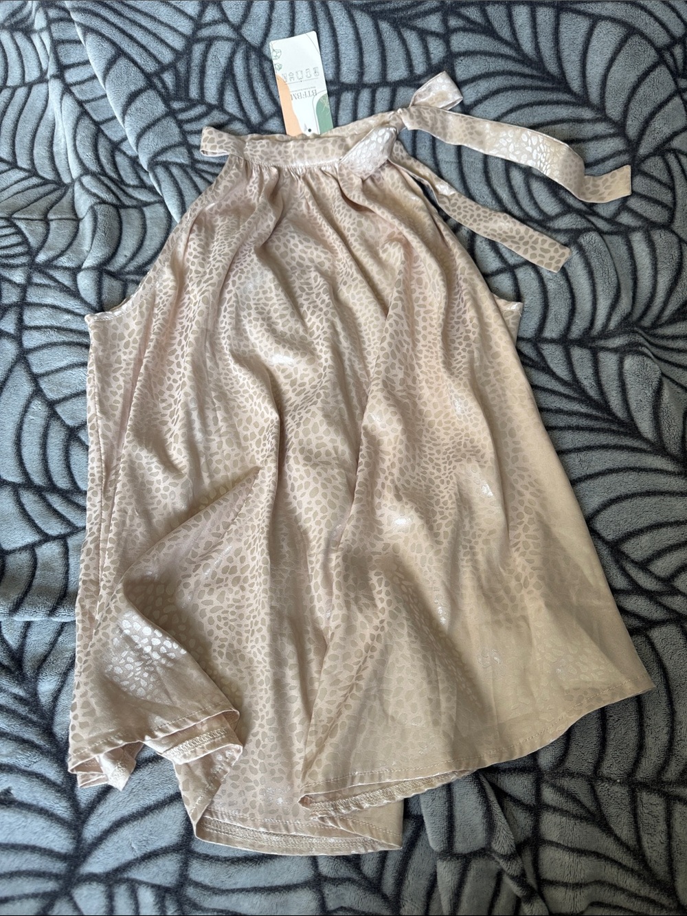 Beautiful Mauve Cream Gold Leopard Print High- Tie Neck Flowy Sleeveless Shirt